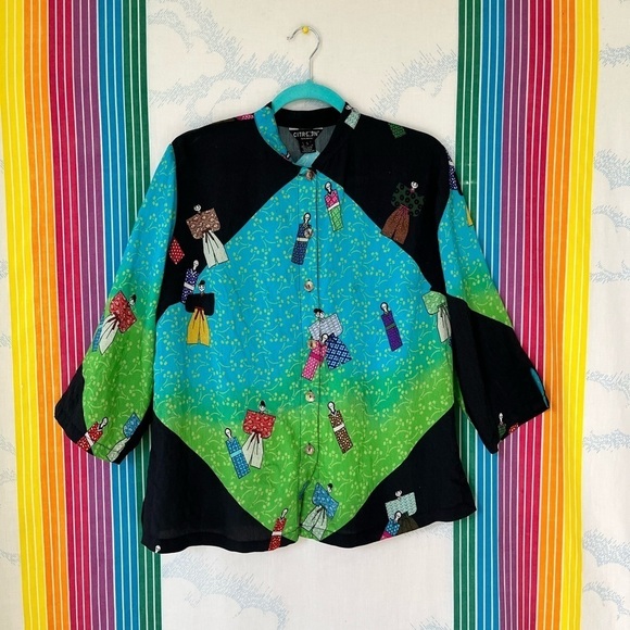 CITRÓN Santa Monica colorful blouse geisha figure pattern small - Picture 5 of 6